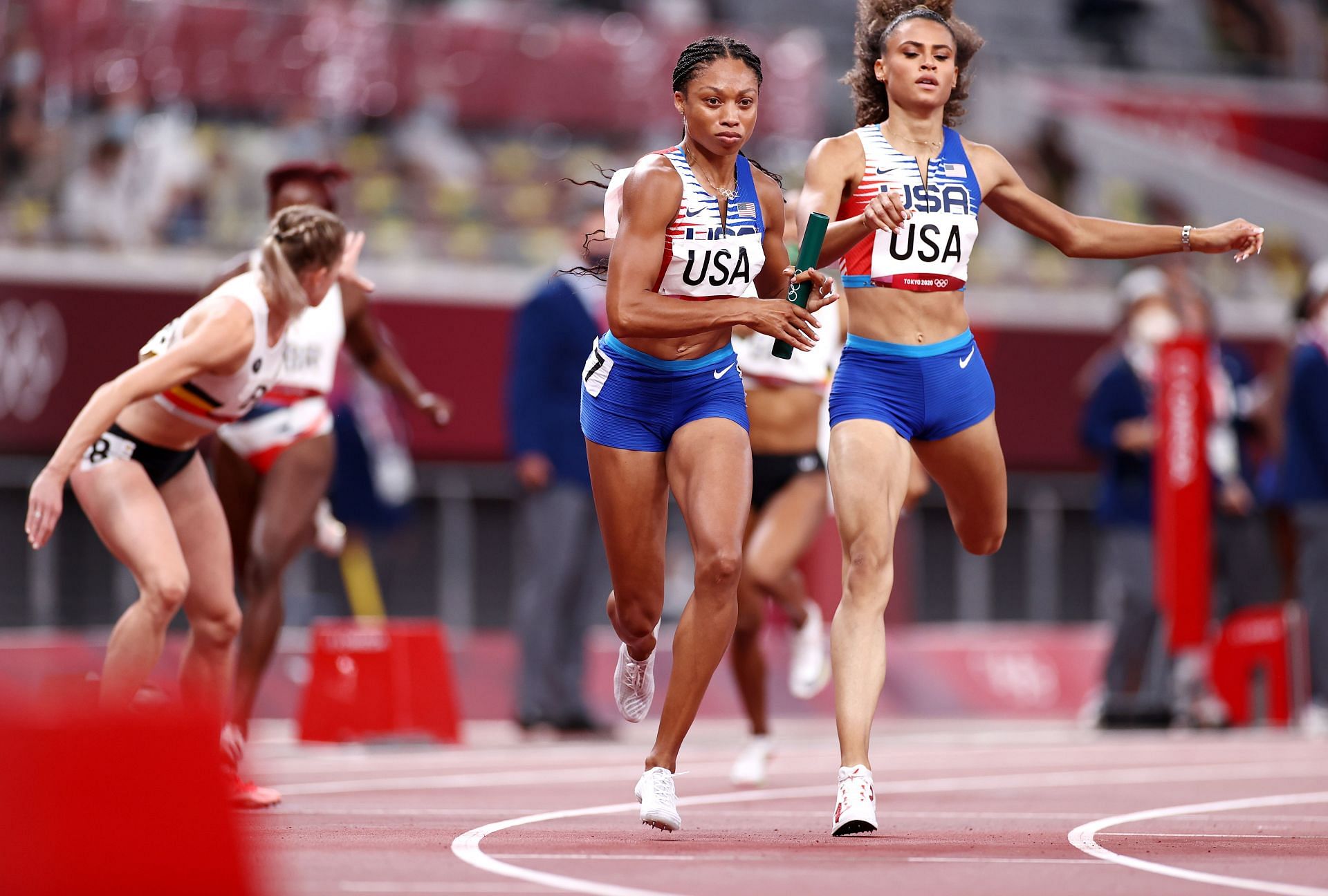 Allyson Felix in the Women&#039;s 4 x 400m Relay Final at Tokyo Olympics (Photo by Ryan Pierse/Getty Images)