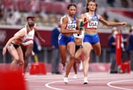 Allyson Felix in the Women's 4 x 400m Relay Final at Tokyo Olympics (Photo by Ryan Pierse/Getty Images)