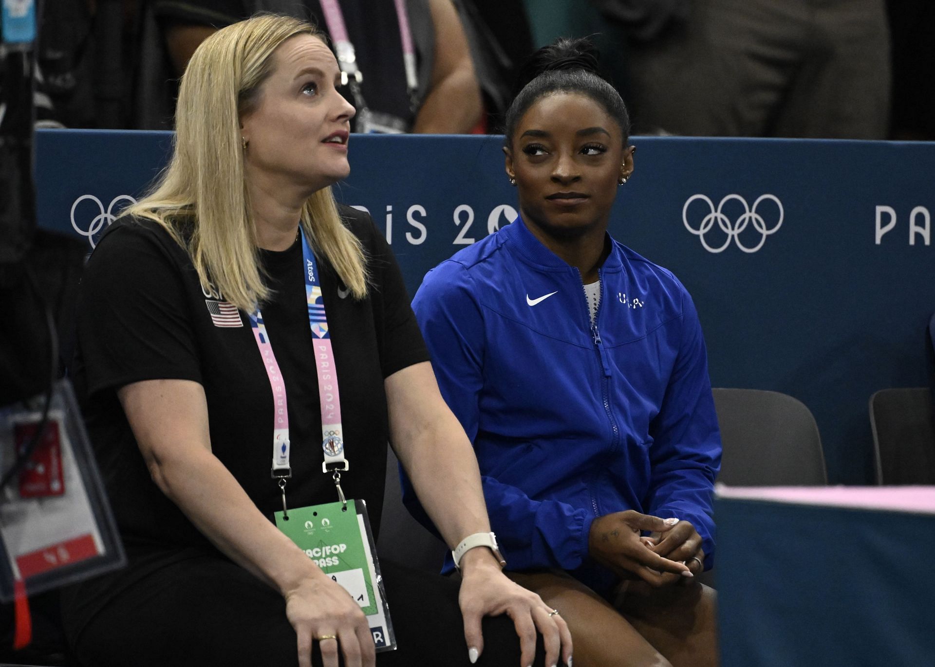 Simone Biles with coach Cecile Landi during the 2024 Olympic Games in Paris.(Image Source: Getty)