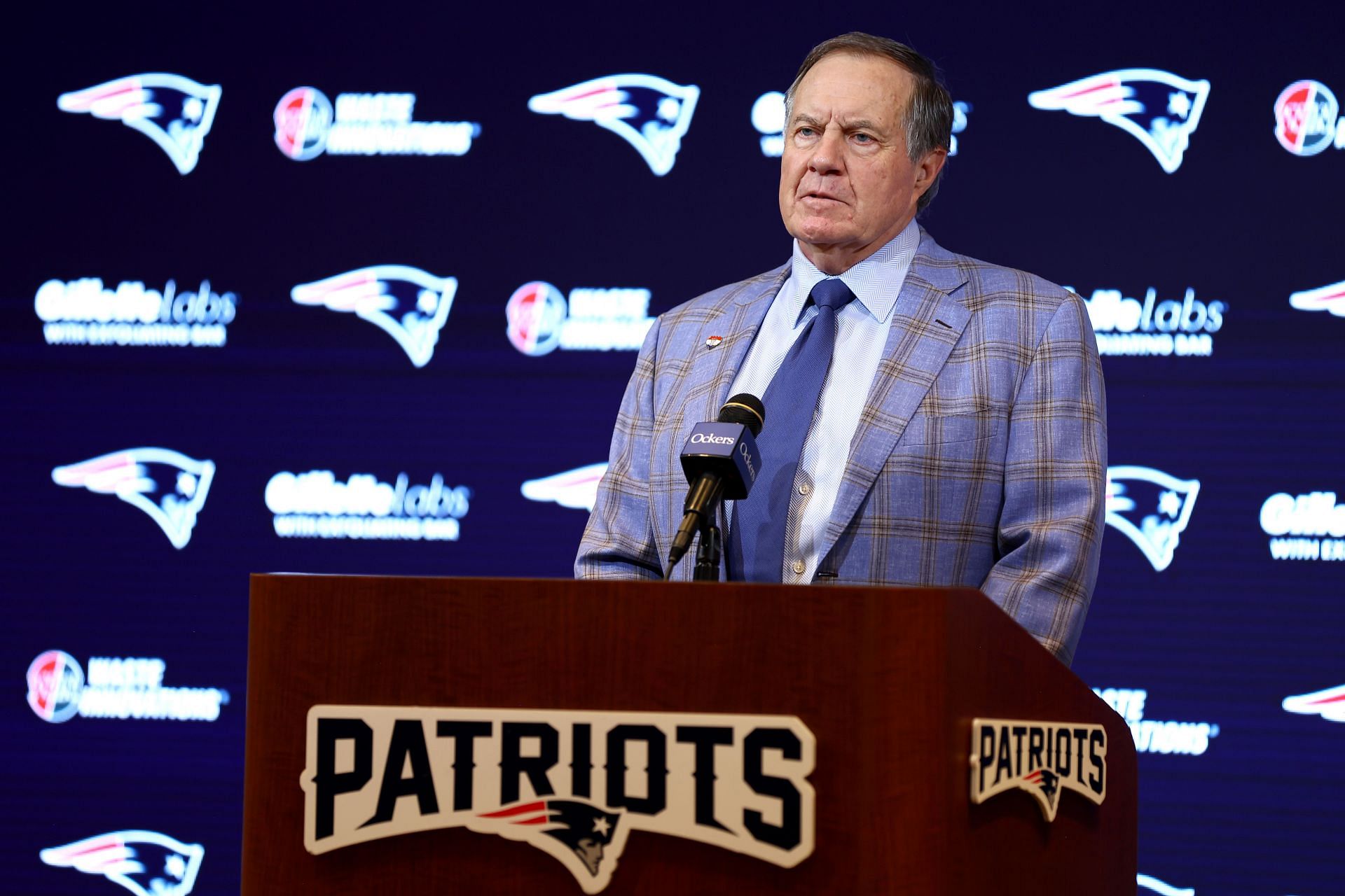 Bill Belichick at New England Patriots Press Conference - Source: Getty