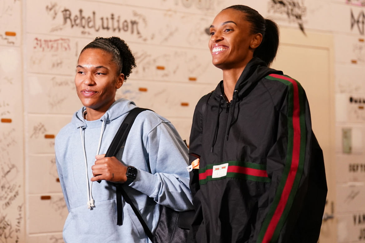 Alyssa Thomas and DeWanna Bonner arrive before the WNBA Finals against the Las Vegas Aces at Mohegan Sun Arena. Photo Credit: Imagn