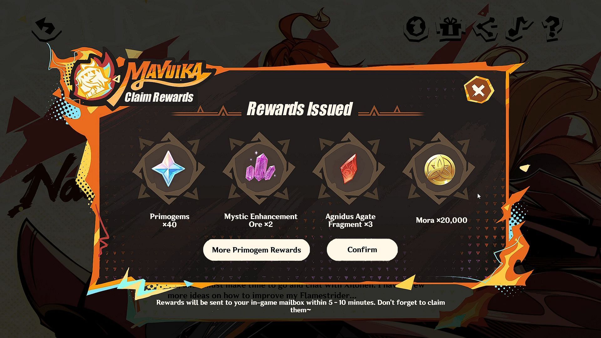 Mavuika web event rewards (Image via HoYoverse)