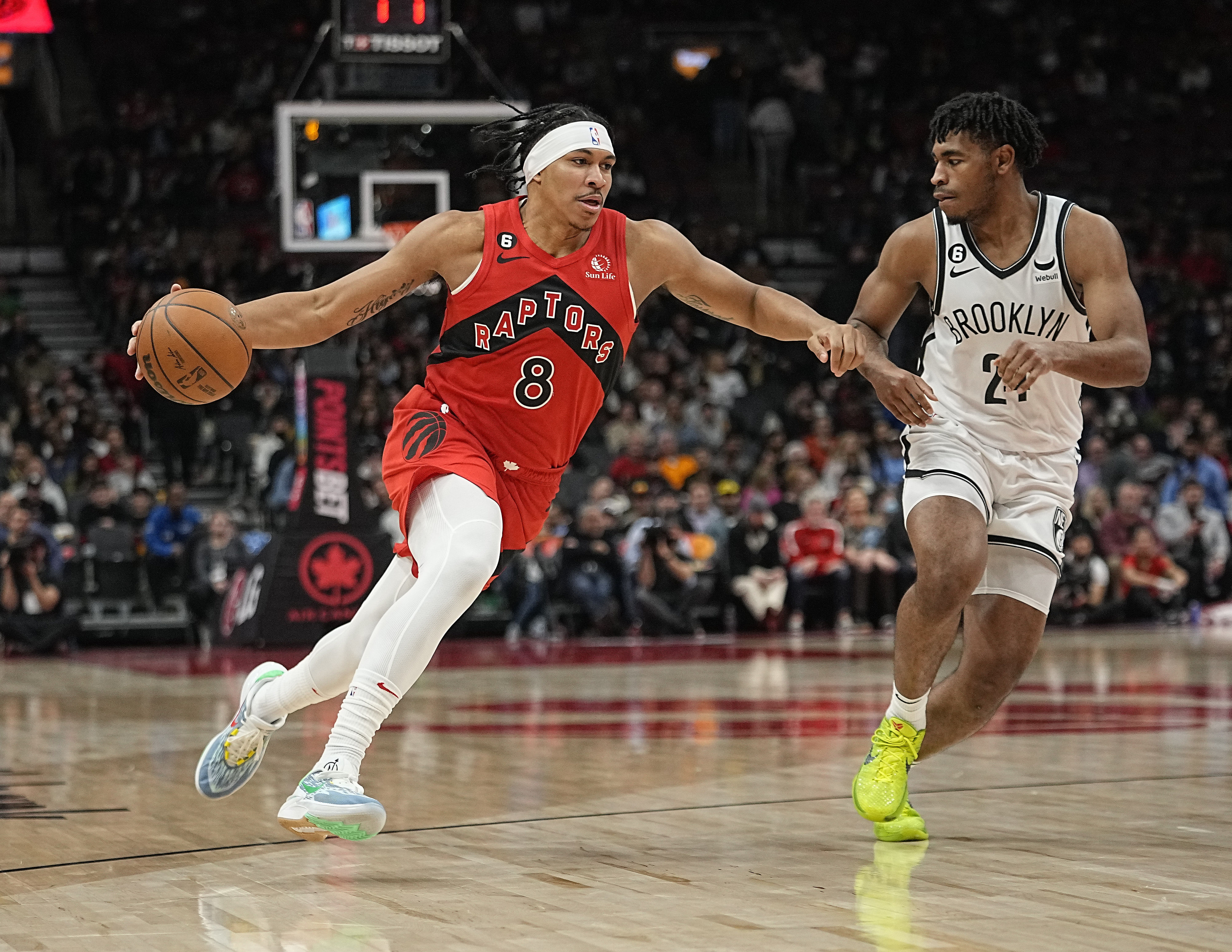 Toronto Raptors guard Ron Harper Jr. drives to the net against the Brooklyn Nets at Scotiabank Arena. Photo Credit: Imagn