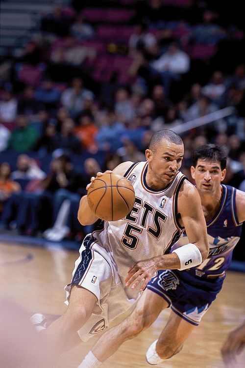 New Jersey Nets Jason Kidd (5) in action vs Utah Jazz's John Stockton (12), East Rutherford, NJ 12/22/2001 Source: Getty