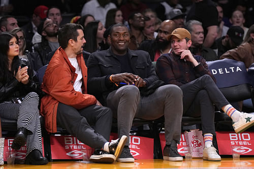 Metta Sandiford-Artest aka Ron Artest and Metta World Peace (center) attends the game between the Los Angeles Lakers and the Houston Rockets at Crypto.com Arena. Photo Credit: Imagn