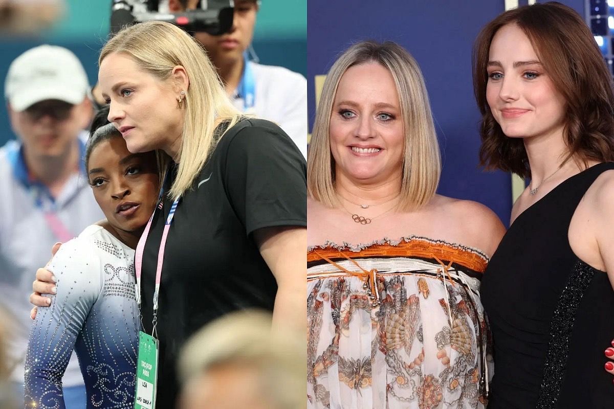 Simone Biles, her fomer coach, Cecile Landi and the latter&rsquo;s daughter- Source: Getty