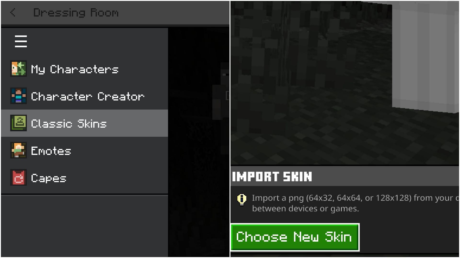 Head to the dressing room to find the option to import custom skin (Image via Mojang Studios)