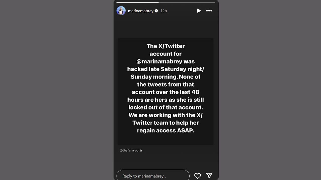 Marina Mabrey issues a statement on the hacking of her X account. (Credits: @marinamabrey/Instagram)