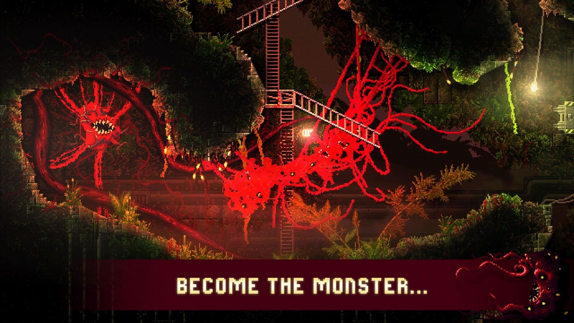 Carrion flips traditional horror gameplay by having players control a monstrous creature breaking out of a research facility (Image via DevolverDigital)