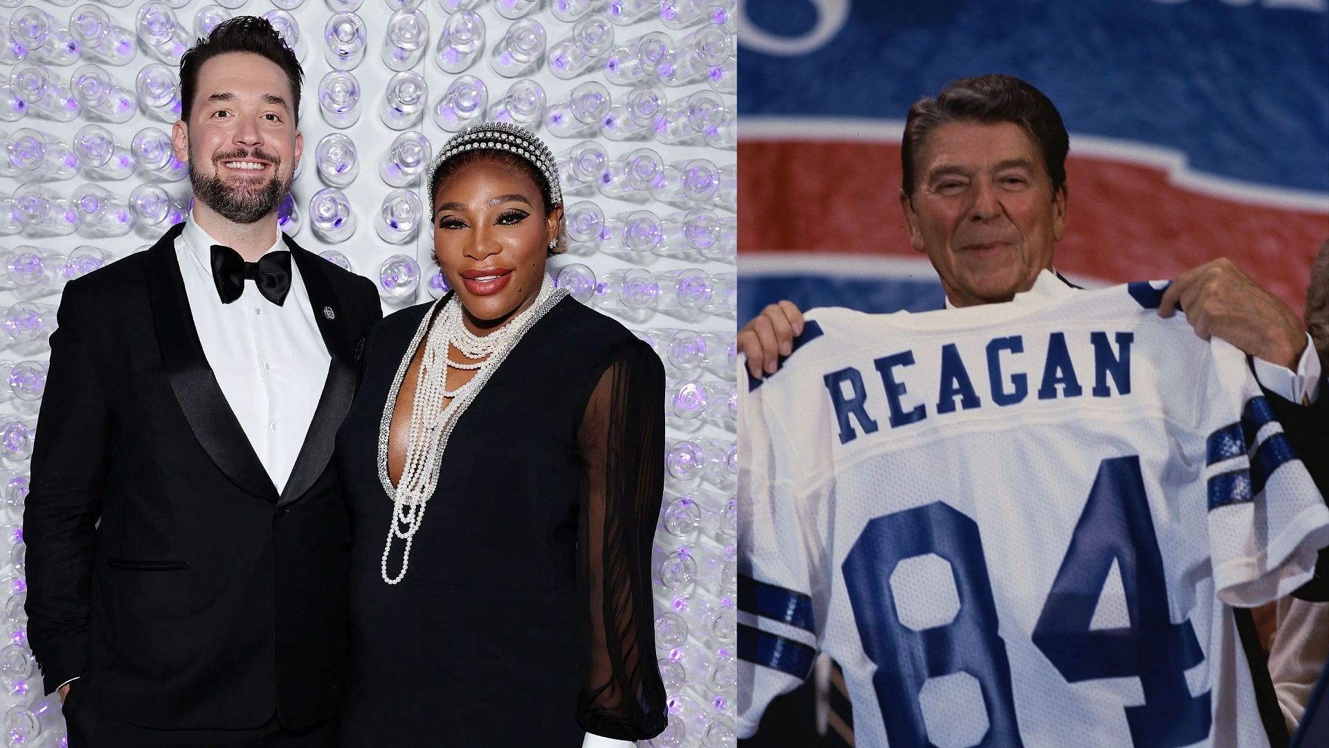 Serena Williams and Alexis Ohanian (L) Ronald Reagan (R); Source - Getty