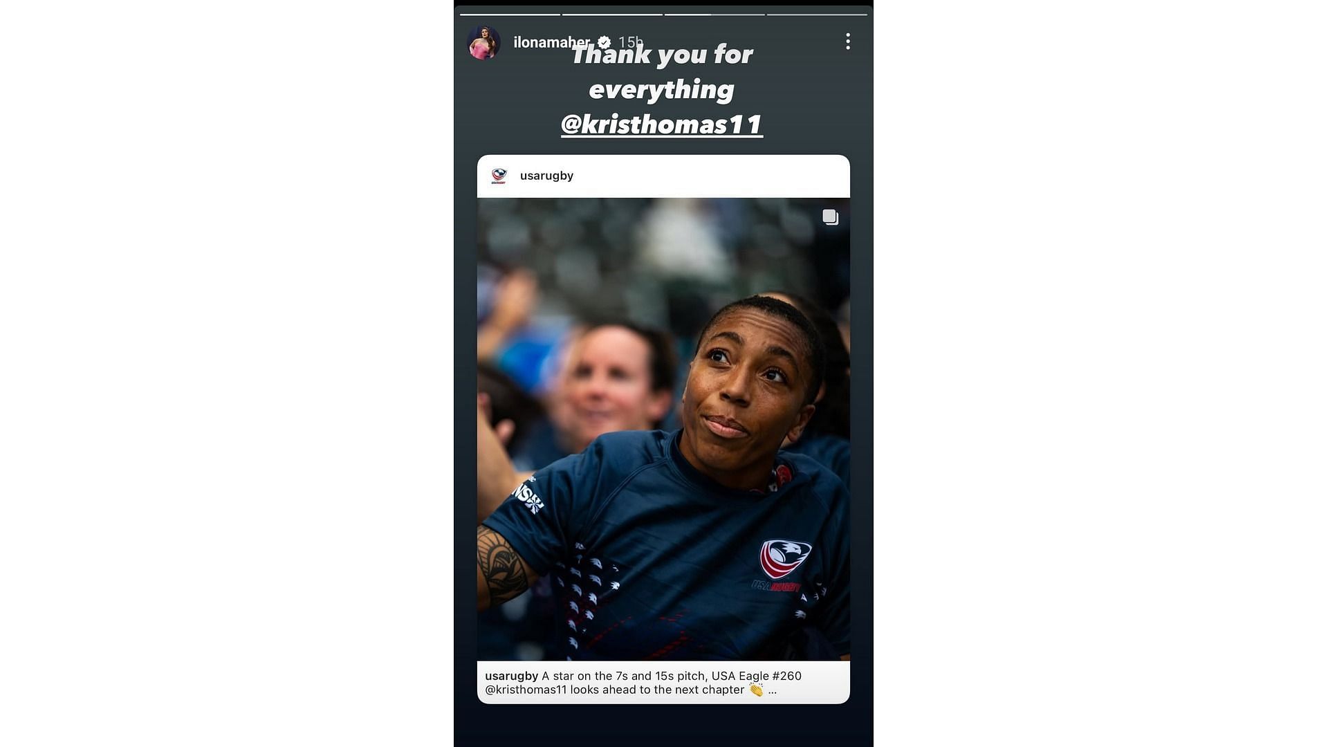 Screenshot of Maher&#039;s Instagram story for Thomas&#039; retirement (Source: @ilonamaher on Instagram)