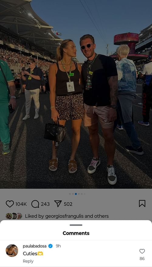 Paula Badosa reacts to Aryna Sabalenka and Georgios Frangulis at the Abu Dhabi Grand Prix, (Source: Instagram, https://www.instagram.com/p/DDXjPkRSdAv/?img_index=3)