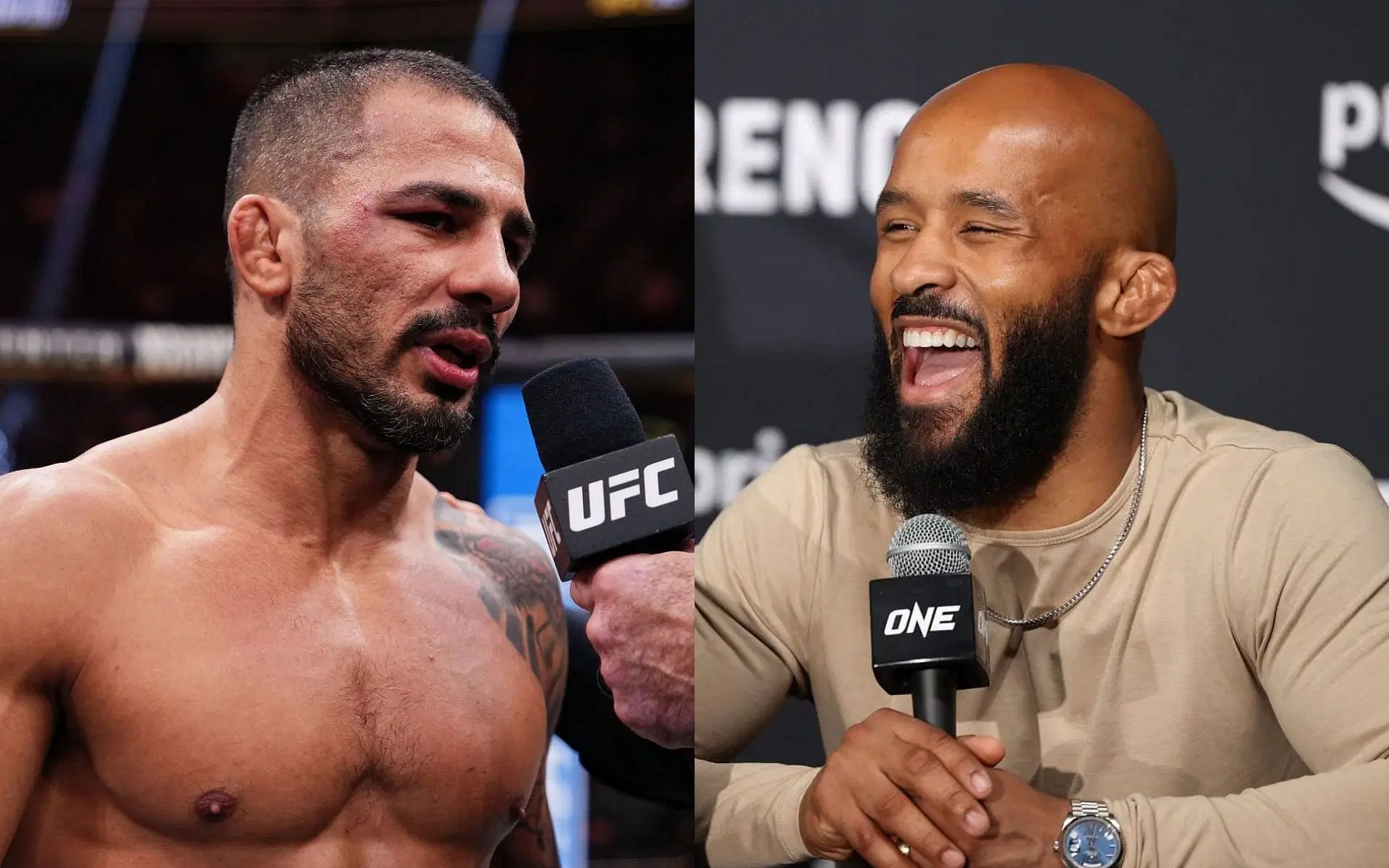 Demetrious Johnson (right) responds to Alexandre Pantoja