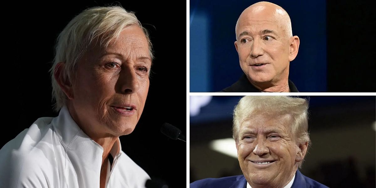 Martina Navratilova (left), Jeff Bezos (top right), Donald Trump (bottom right), Sources: Getty