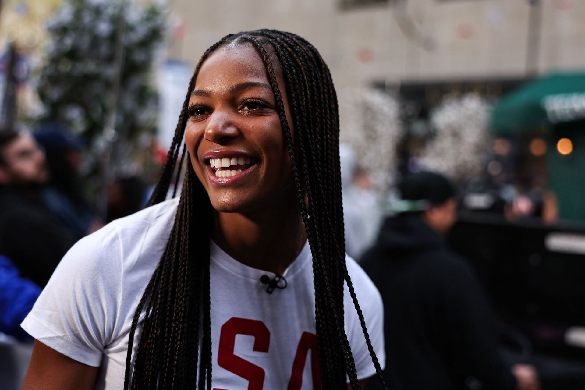 Gabby Thomas speaks to the media at The TODAY Show on April 17, 2024. (Photo by Dustin Satloff/Getty Images for the USOPC)