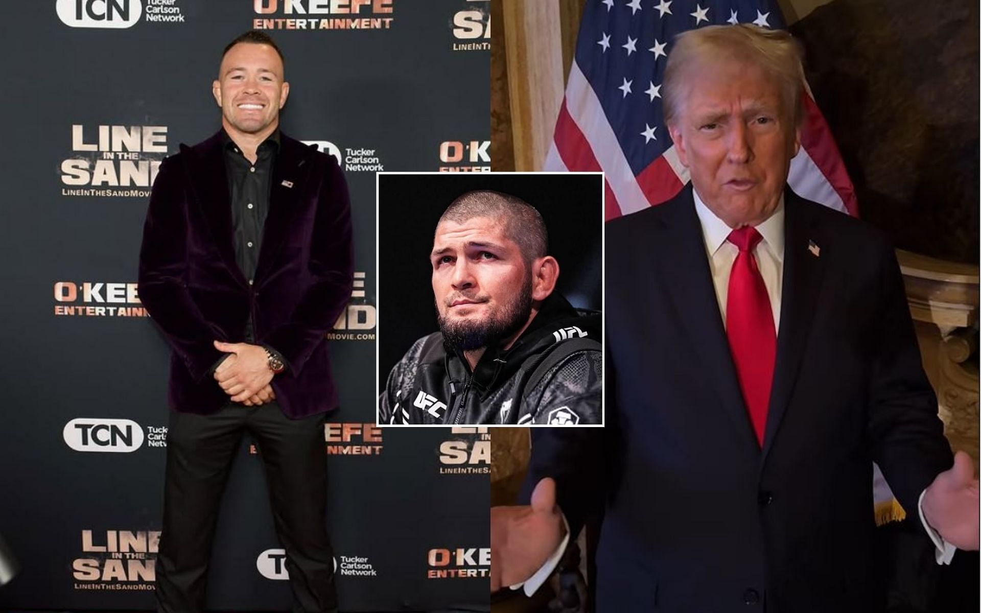 Colby Covington (left) reacts to Donald Trump (right) saying that his favorite fighter was Khabib Nurmagomedov (insert). [Image credit: @colbycovington, @khabib_nurmagomedov, @therealdonaldtrump on Instagram]