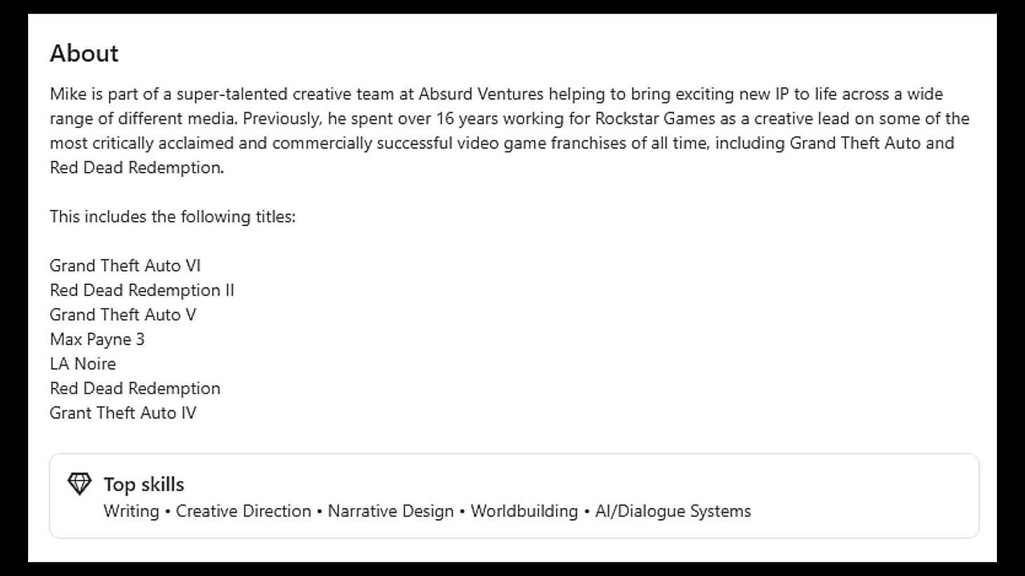 Rockstar titles listed on Michael Unsworth&#039;s LinkedIn profile (Image via linkedin.com)