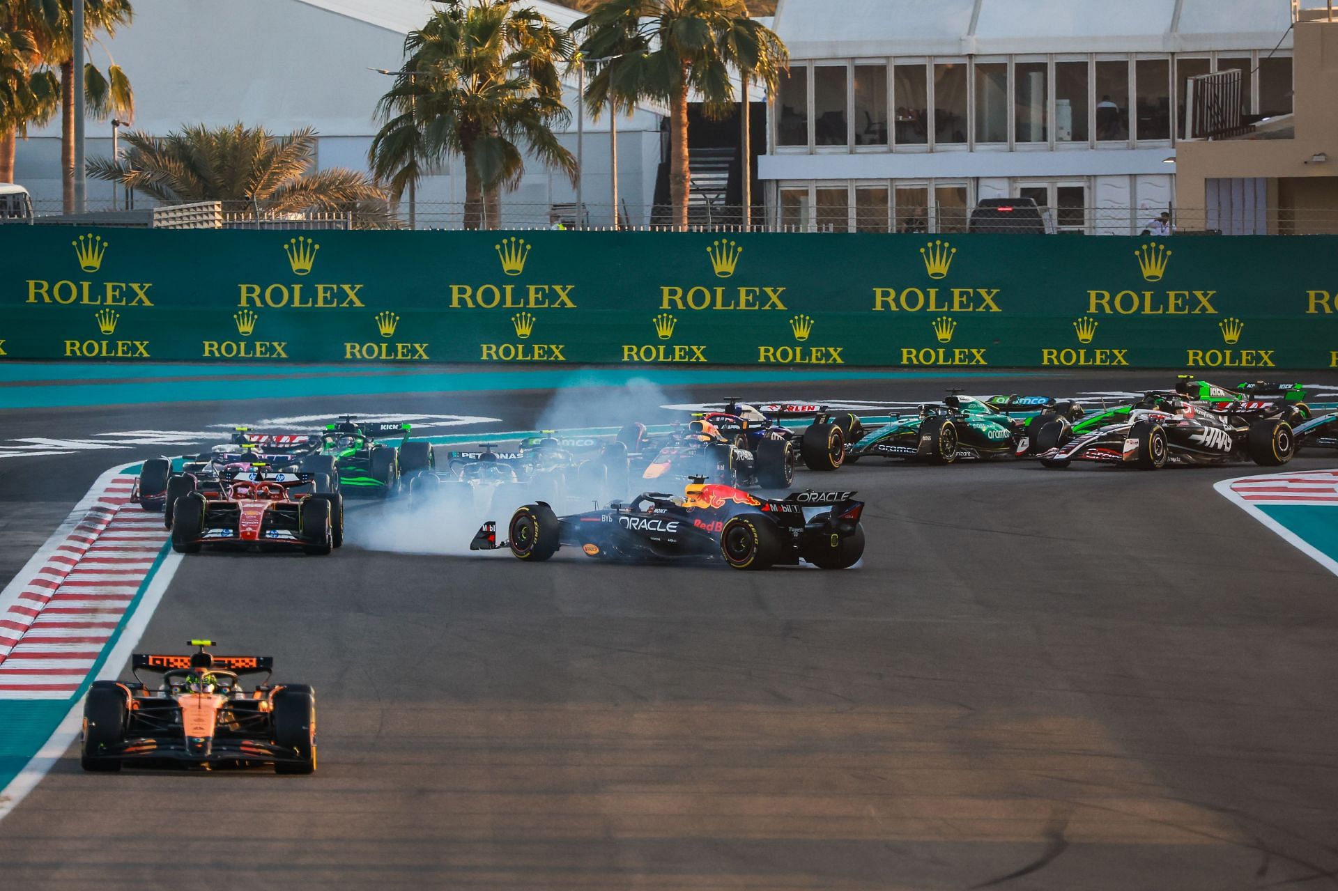 Max Verstappen of the Netherlands driving the (1) Oracle Red Bull Racing RB20 on track spins after colliding with Oscar Piastri of Australia and McLaren - Source: Getty Images