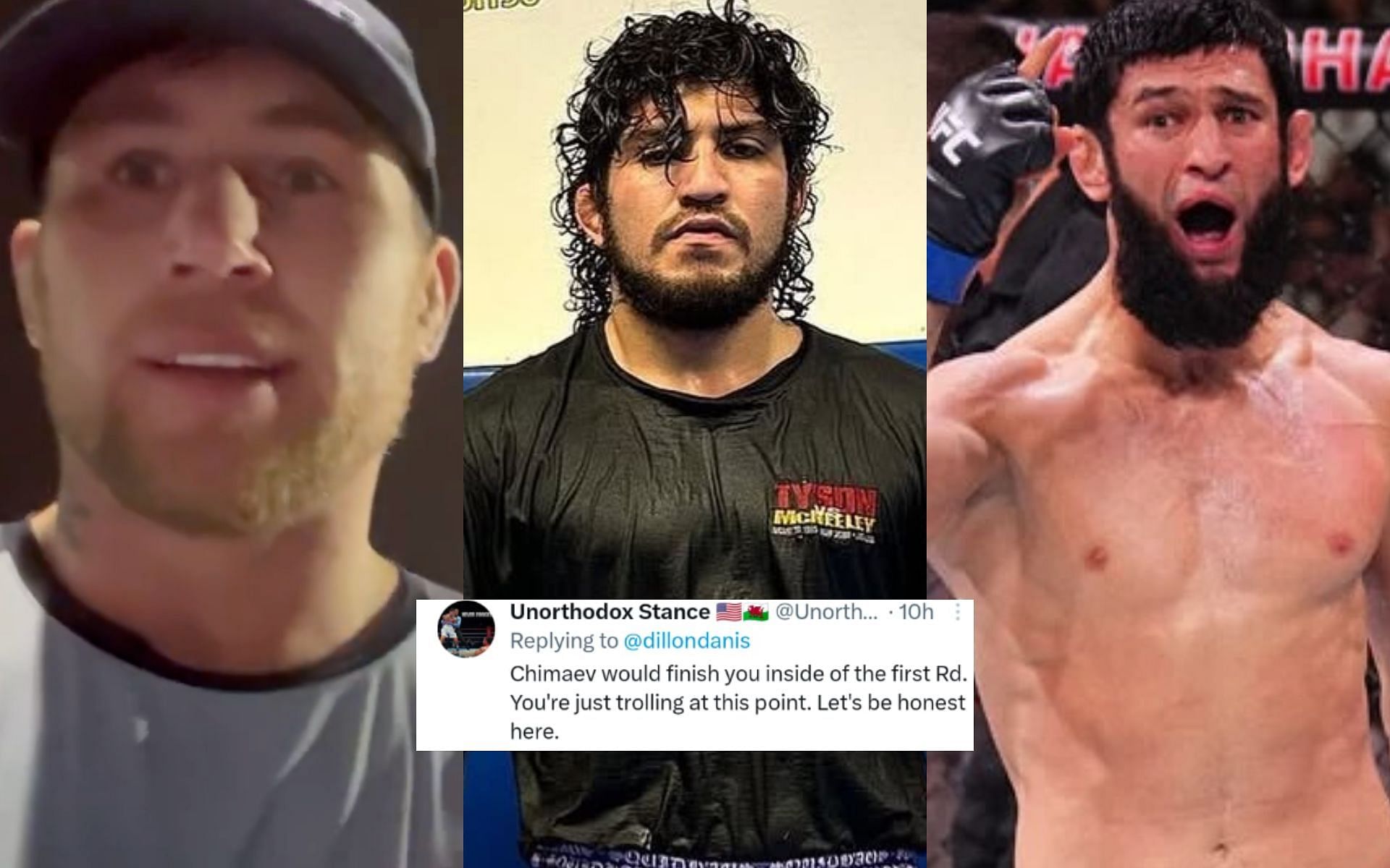 Fans react as Darren Till (middle) challenged Darren Till (left) and Khamzat Chimaev (right) to MMA fight.  [Image courtesy: @darrentill2 on X, @khamzat_chimaev and @dillondanis on Instagram]