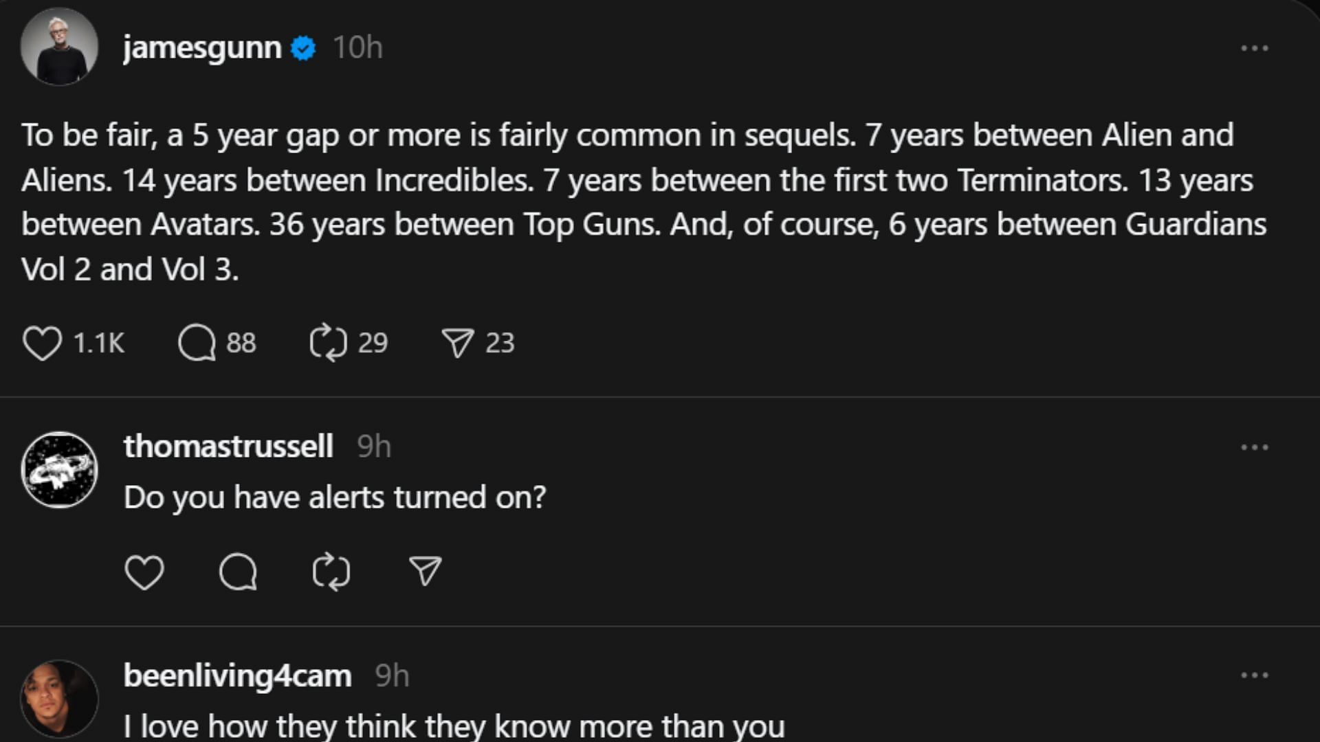 James Gunn confirmed the news on Threads (Image via Threads/@jamesgunn)