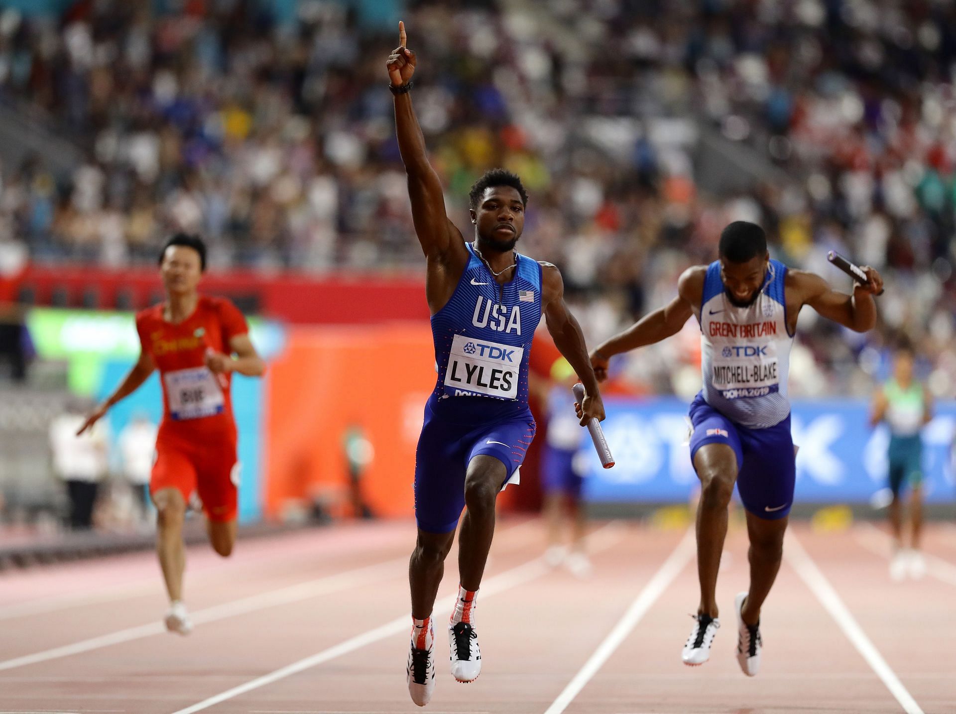 Noah Lyles after winning the Men&#039;s 4x100m relay at the 2019 World Athletics Championships (Image via: Getty Images)