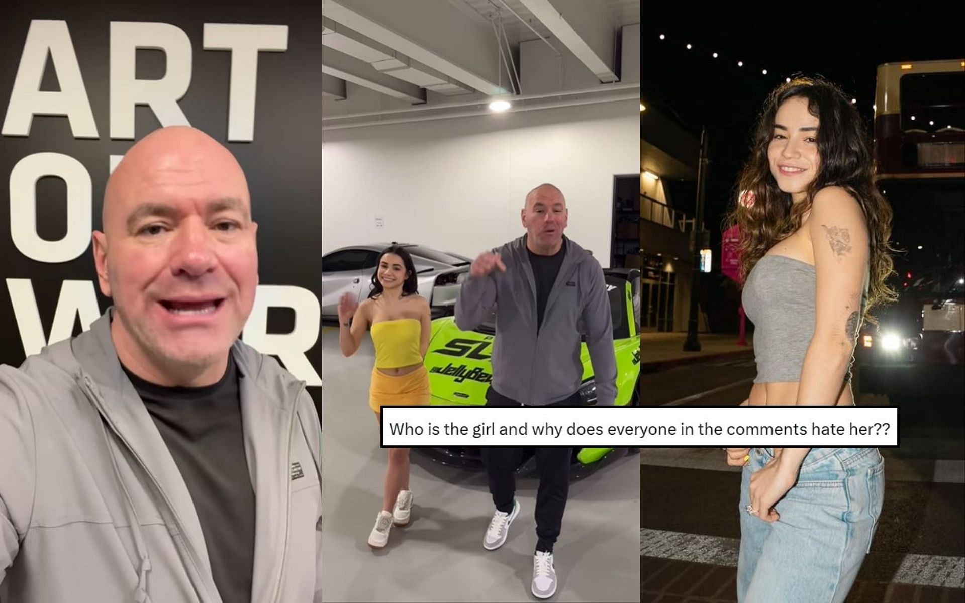 Former UFC fighter reacts (insert) to Dana White (left) and his new Power Slap marketing partner, Jelly Bean (right). [Image credit: @benaskren on X, @jellybean.irl, @danawhite on Instagram]