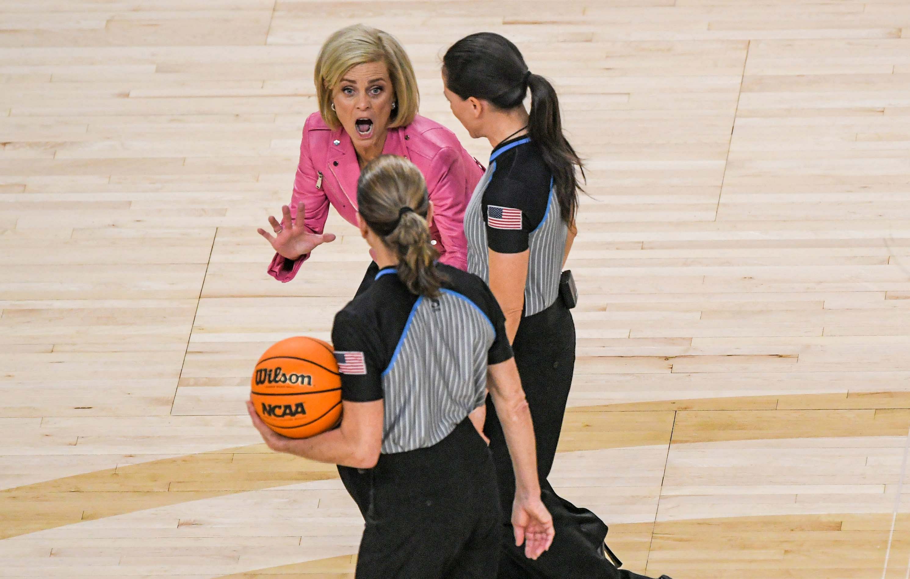 Louisiana State University Coach Kim Mulkey argues with a referee about a call playing Tennessee during the third quarter of the SEC Women&#039;s Basketball Tournament at Bon Secours Wellness Arena in Greenville, S.C. Saturday, March 4, 2023. 