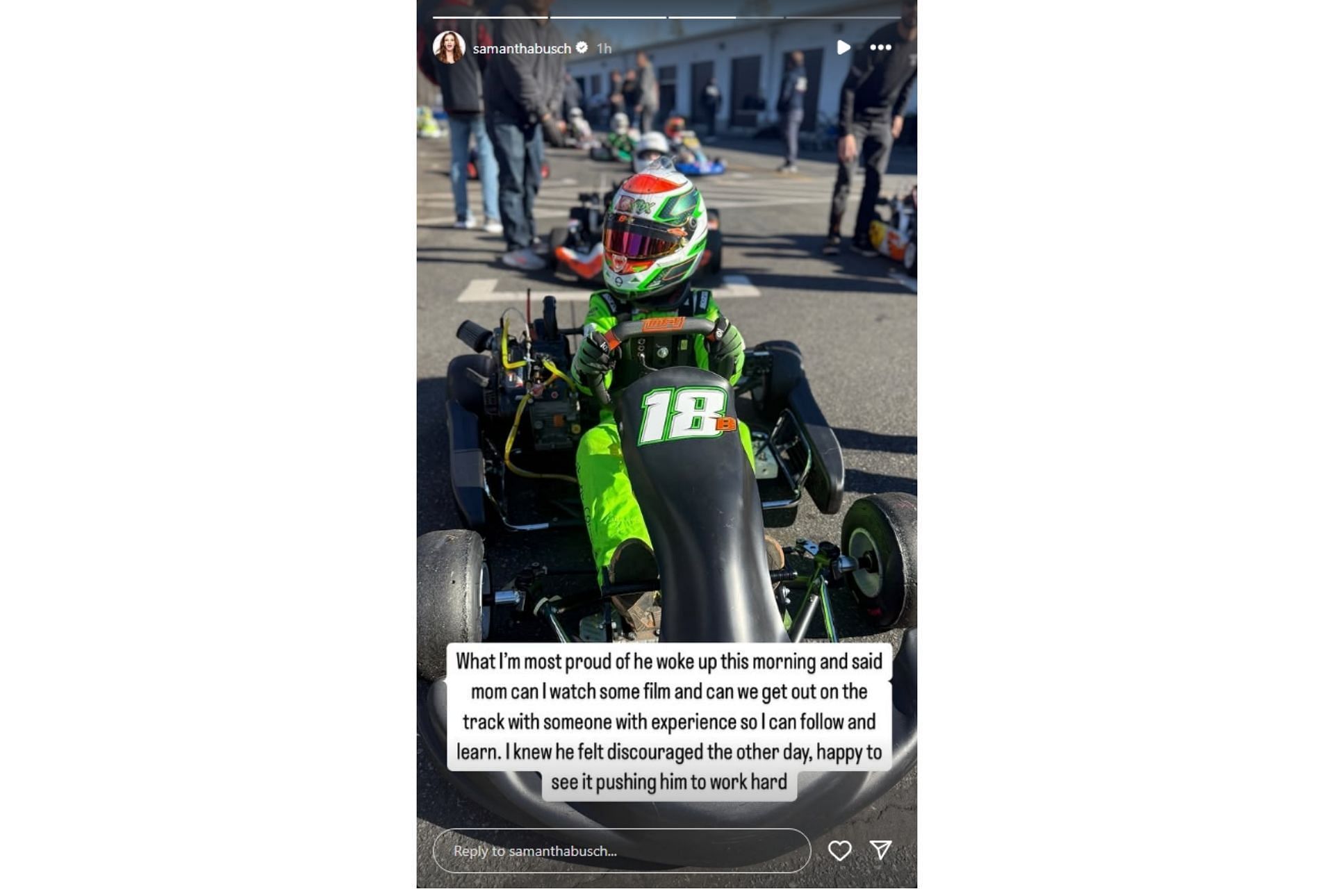 Samantha Busch reveals son Brexton&#039;s wish to practice more in the kart (@samanthabusch on Instagram)