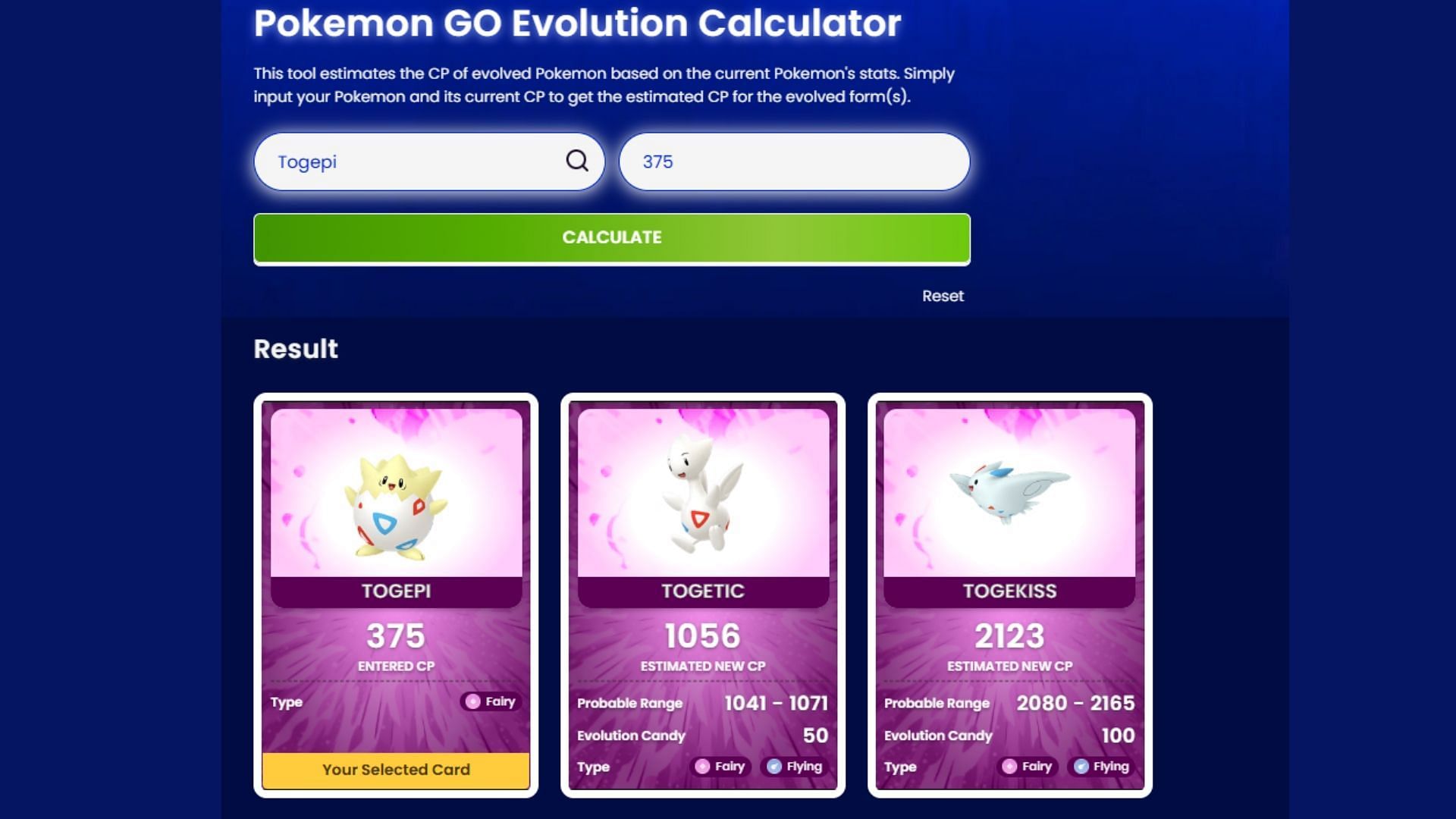 Finding estimated CP of Togepi Evolutions with our tool. (Image via Sportskeeda)