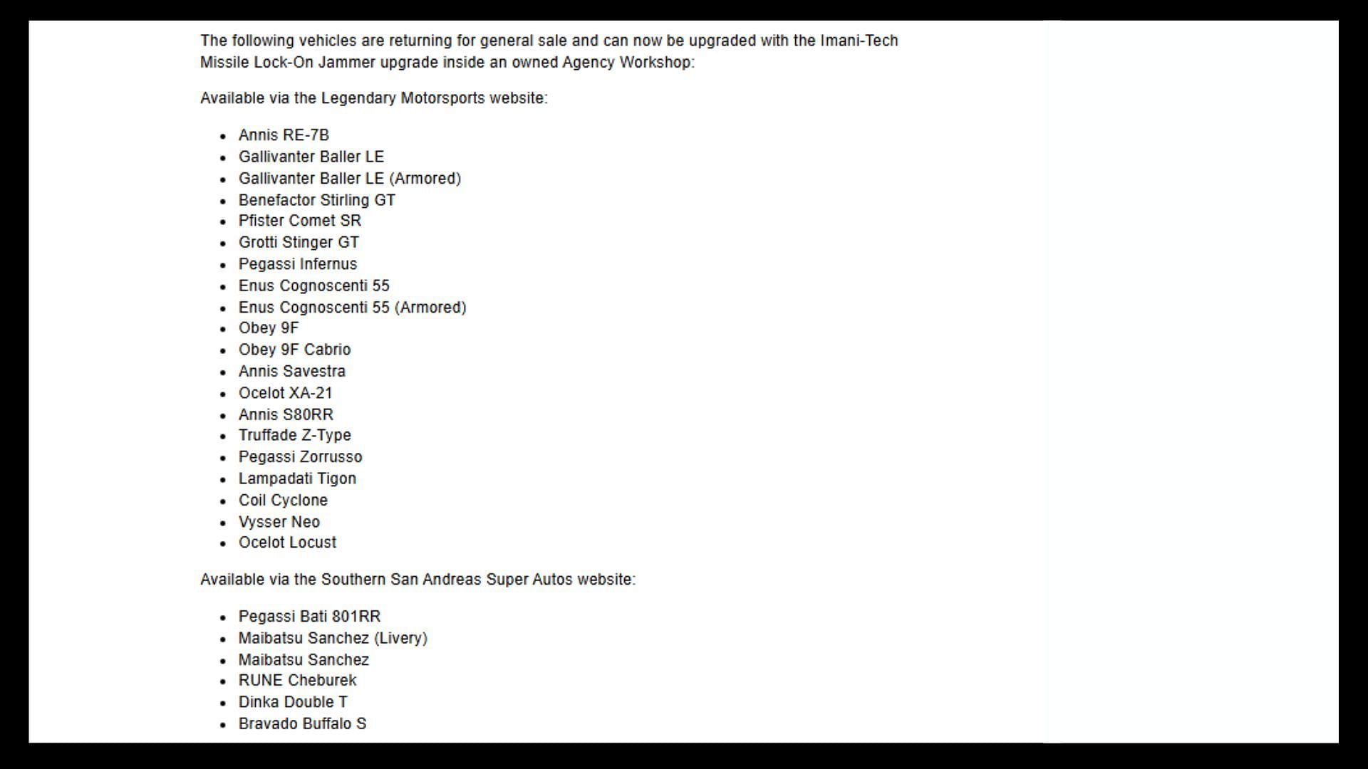 List of removed cars that returned with the Agents of Sabotage update (Image via Rockstar Games)