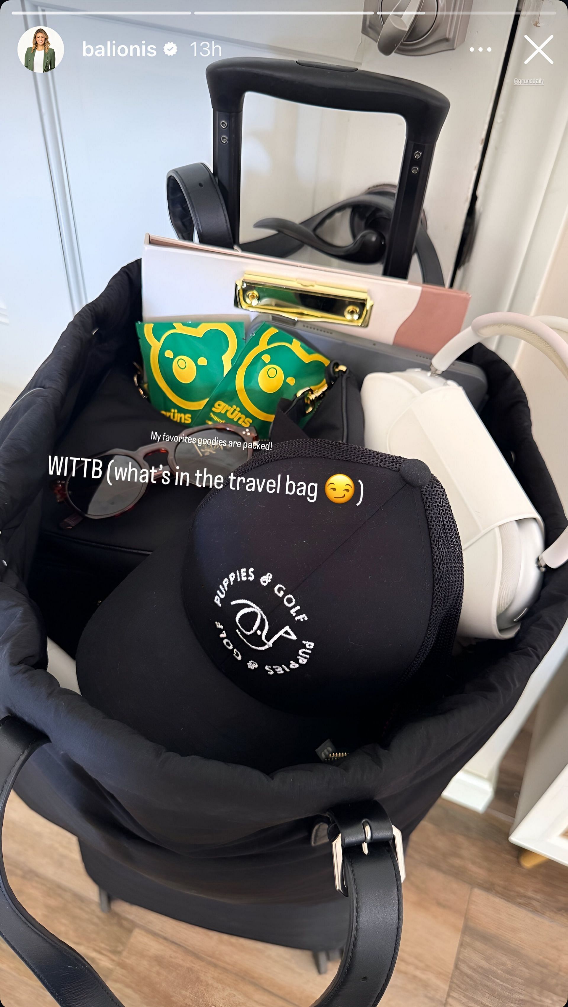 Amanda Balionis shares what&rsquo;s in her travel bag on her Instagram story. Image via Instagram @balionis