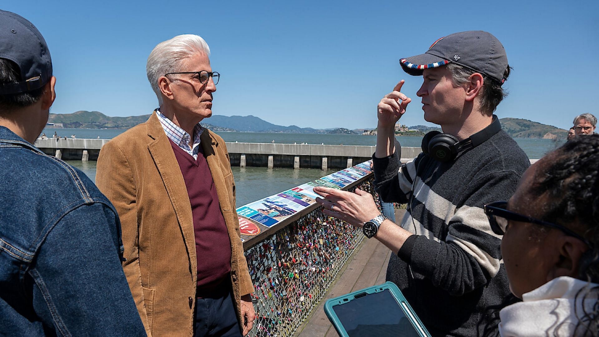 Actor Ted Danson and creator Mike Schur on the sets of A Man on the Inside (image via Netflix)