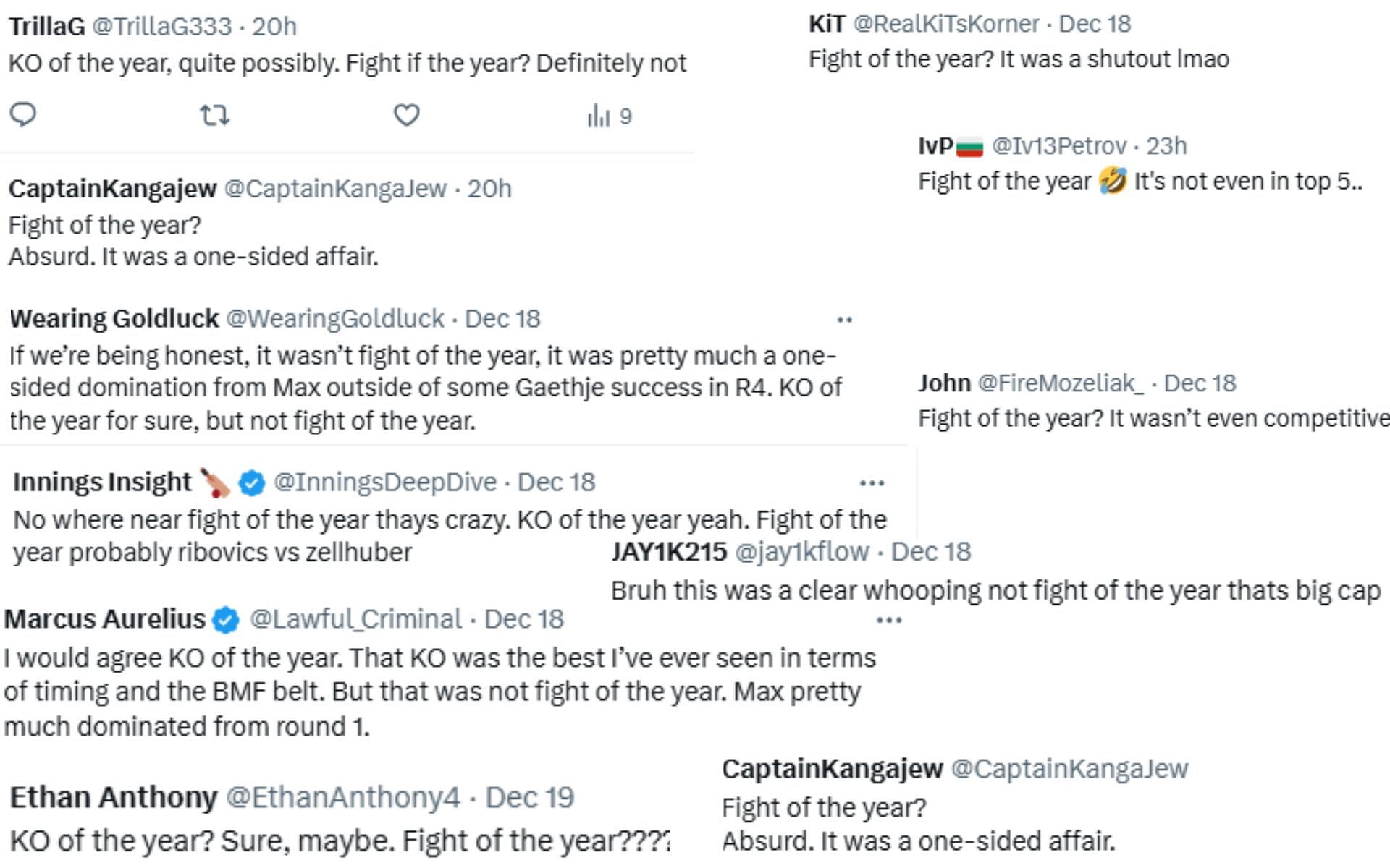 Screenshot of fan reactions to Holloway winning KO of the Year and FOTY for UFC 300