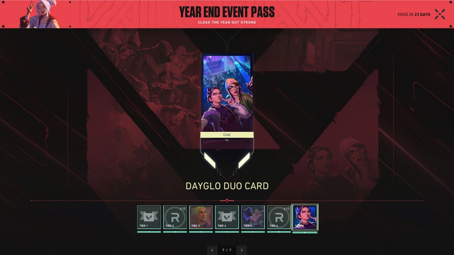 The Valorant Dayglo Player Card is now available as part of the new End of Year Event Pass (Image via Riot Games)