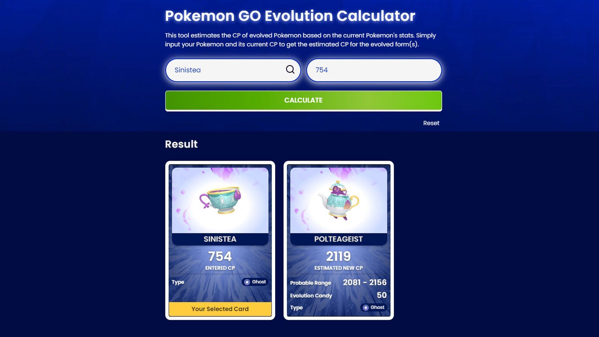 You can use our in-house evolution tool to check the CP of your evolved Polteageist (Image via TPC || Sportskeeda)