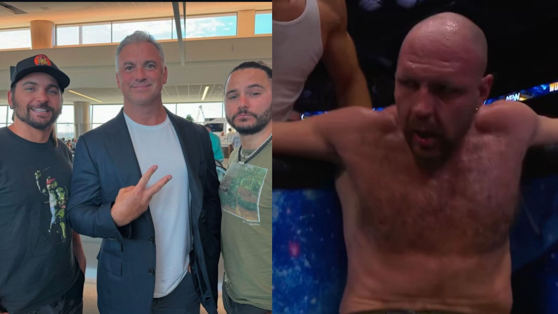 The Young Bucks and Shane McMahon (left) and Jon Moxley (right) (Image credits: Nick Jackson&rsquo;s Instagram and AEW&rsquo;s Facebook)