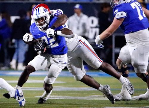 Tech defensive lineman David Blay, making a tackle here, is headed for Miami via the transfer portal. (Photo Credit: IMAGN)