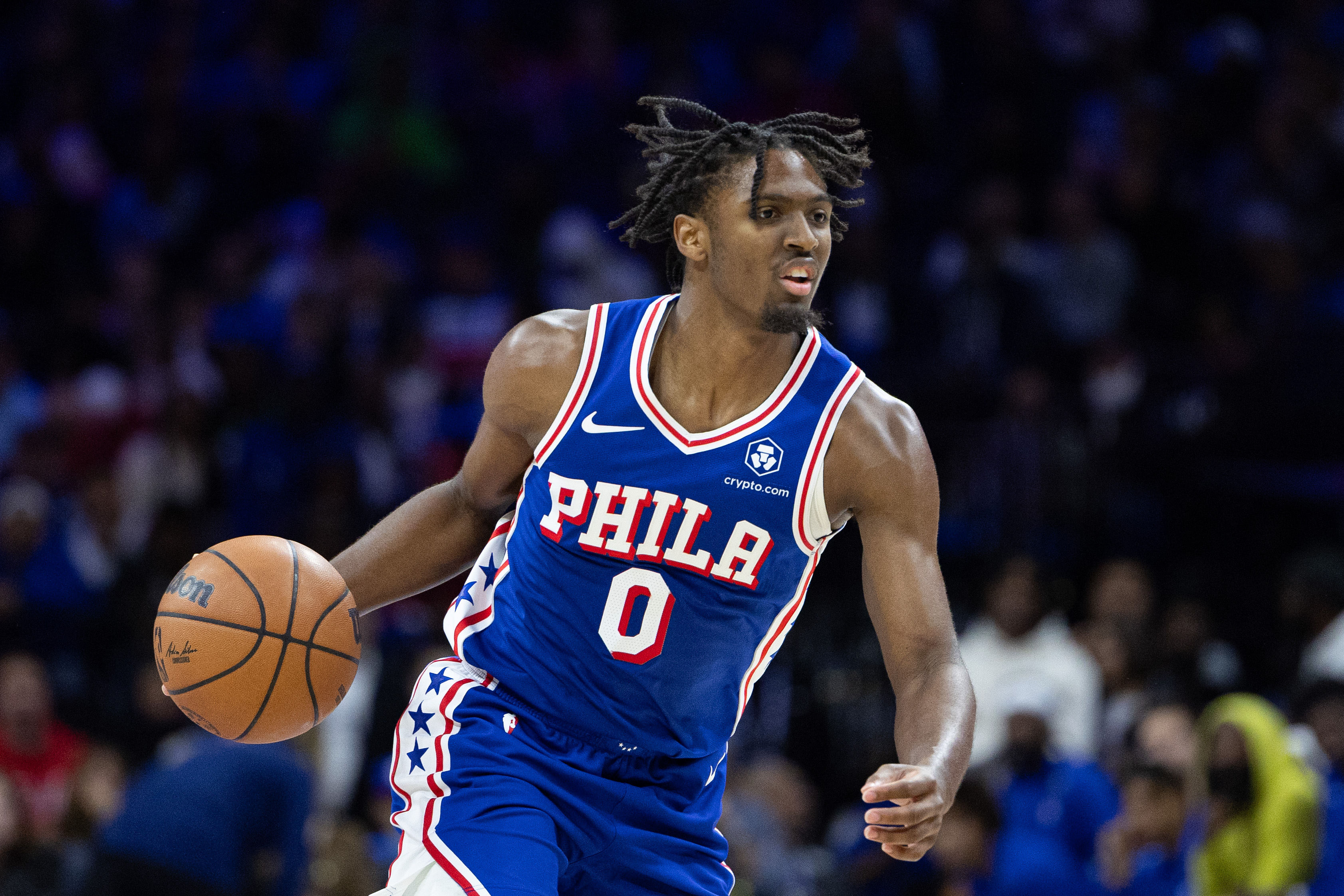 Philadelphia 76ers guard Tyrese Maxey in action against the Portland Trail Blazers at Wells Fargo Center. Photo Credit: Imagn