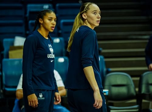 UConn Huskies players Paige Bueckers (#5) and guard Azzi Fudd (#35) warm up before the exhibition game against Southern Connecticut State University at Gampel Pavillion. Photo: Imagn