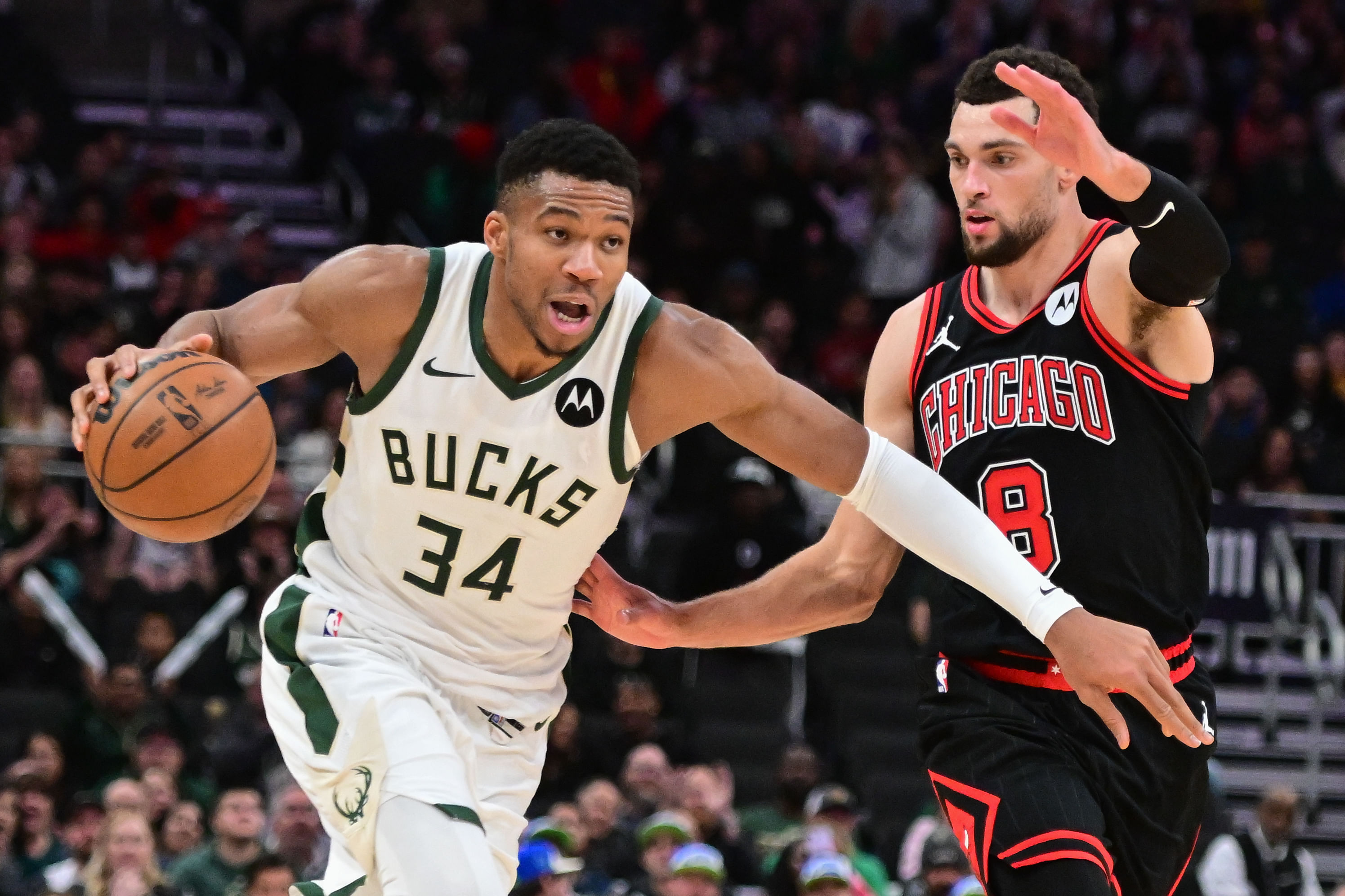 Milwaukee Bucks forward Giannis Antetokounmpo drives to the basket against the Chicago Bulls at Fiserv Forum. Photo Credit: Imagn