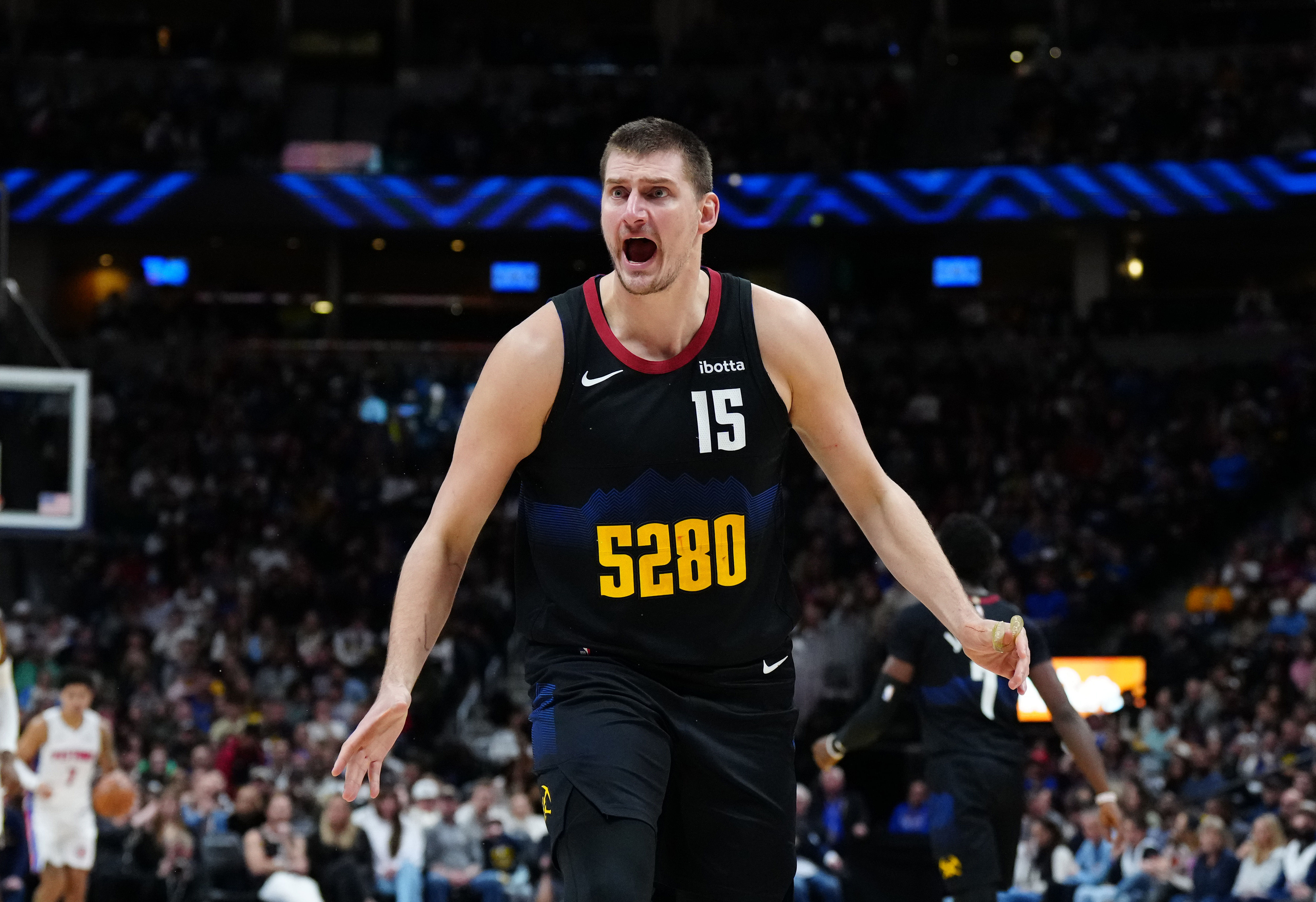 Denver Nuggets center Nikola Jokic reacts in the first half against the Detroit Pistons at Ball Arena. Photo Credit: Imagn