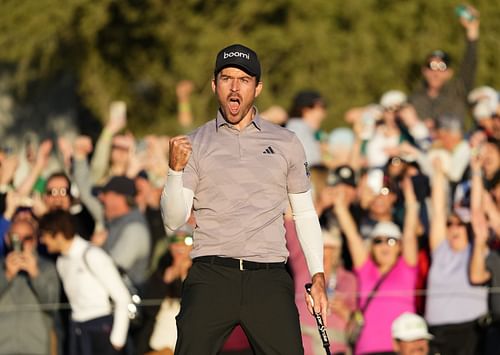 Nick Taylor celebrates his birdie putt on the 18th green after forcing a playoff at the 2024 WM Phoenix Open (Image Source: Imagn)