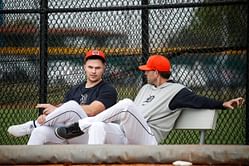 Tarik Skubal reacts to Detroit Tigers' Chris Fetter winning Baseball America's MLB Coach of the Year