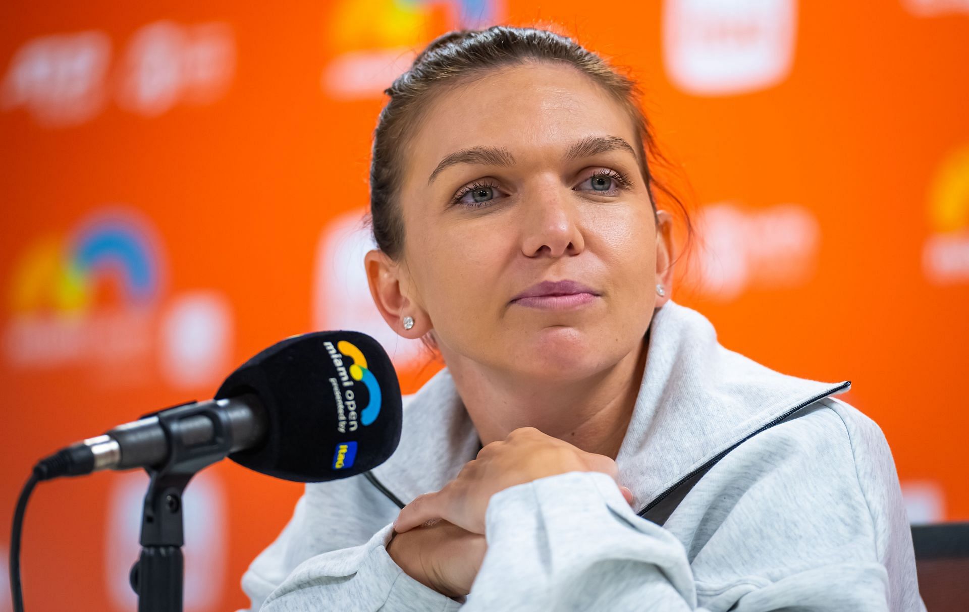 Simona Halep talking to the media [Source: Getty]