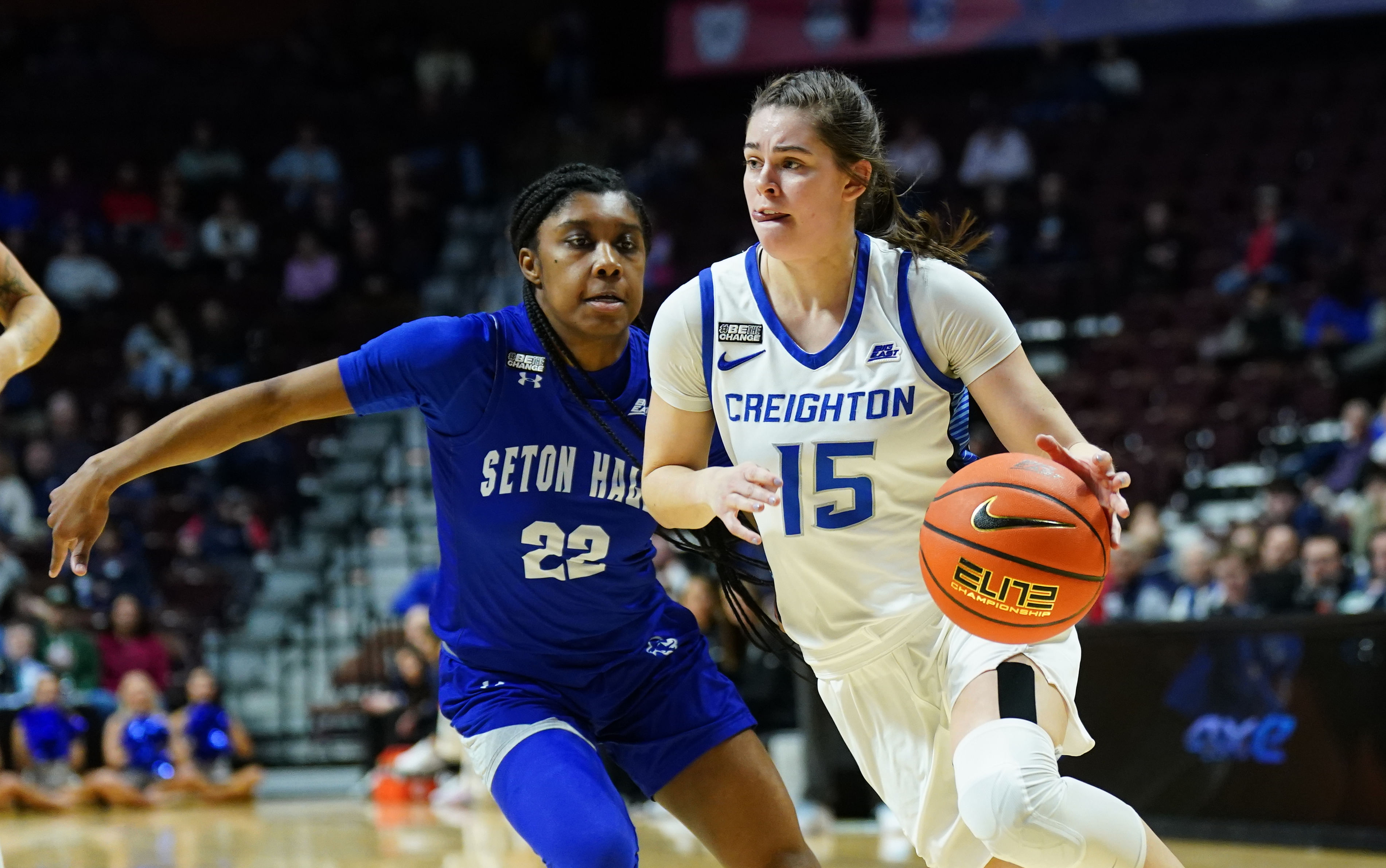 Creighton Bluejays guard Lauren Jensen (#15) drives the ball against Seton Hall Pirates guard Amari Wright (#22) in the first half of their NCAA basketball game at Mohegan Sun Arena. Photo: Imagn