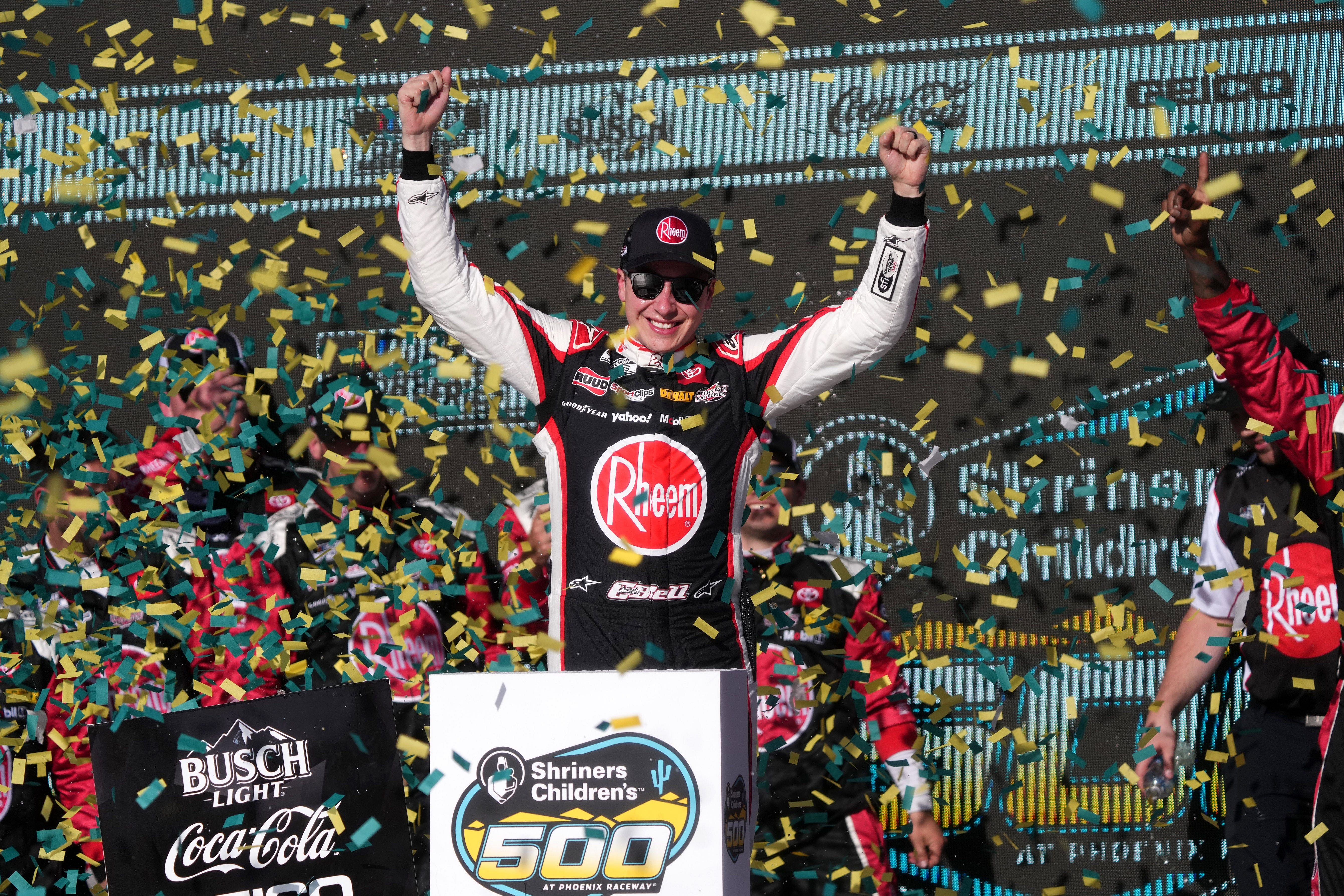 Christopher Bell celebrates his win at the Shriners Children&#039;s 500 at Phoenix Raceway.- Source: Imagn