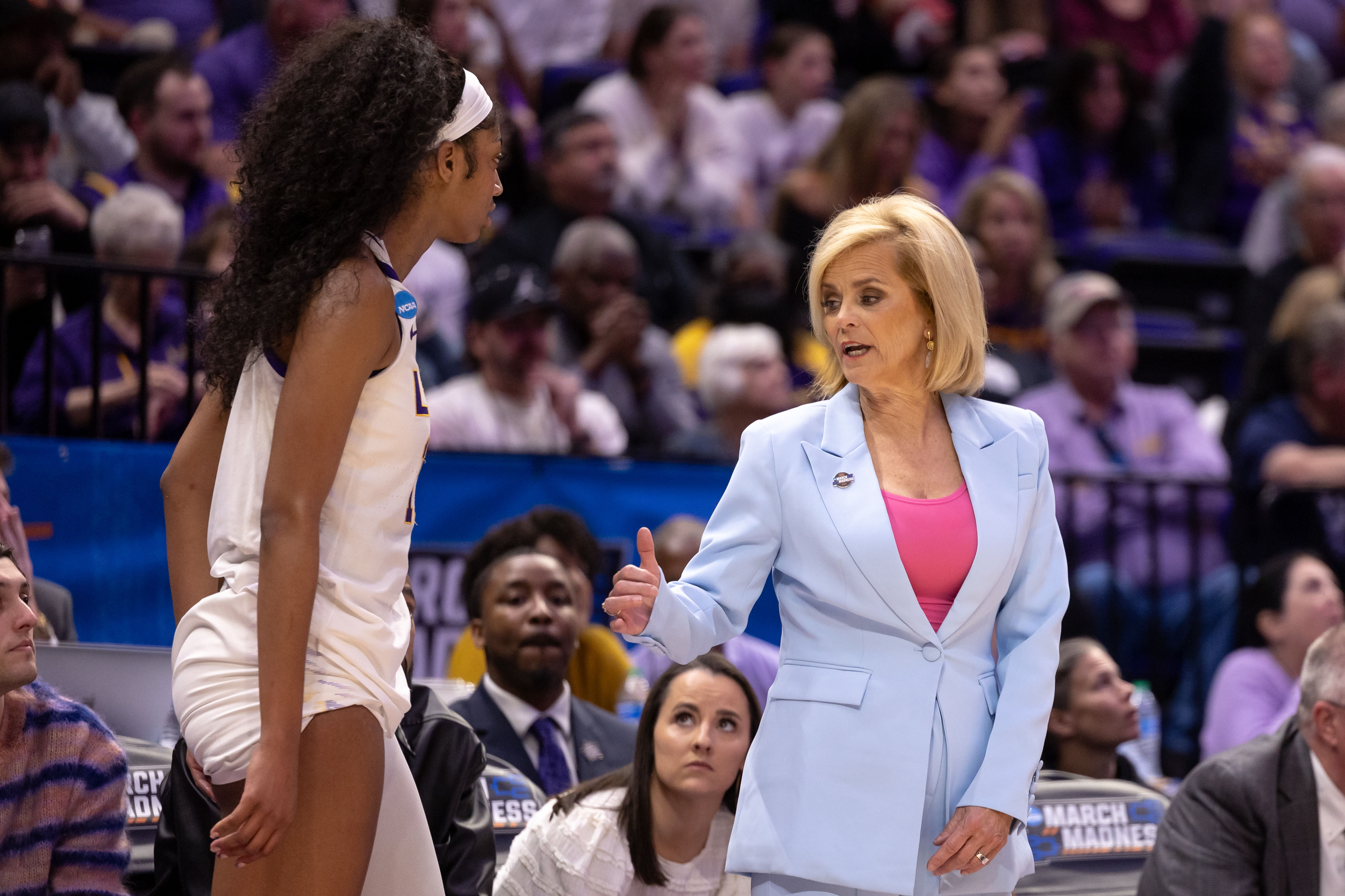 LSU Tigers coach Kim Mulkey sends star player Angel Reese back into the game against the Rice Owls during their clash at Pete Maravich Assembly Center. Photo: Imagn