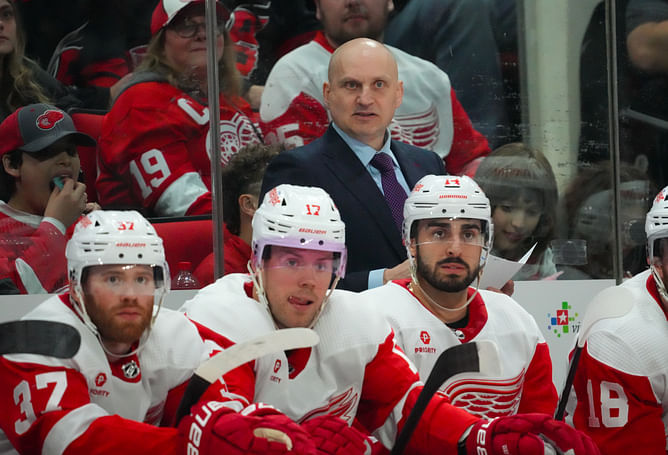 Detroit Red Wings HC Derek Lalonde makes his feelings known about offside call waving off Marco Kasper's goal