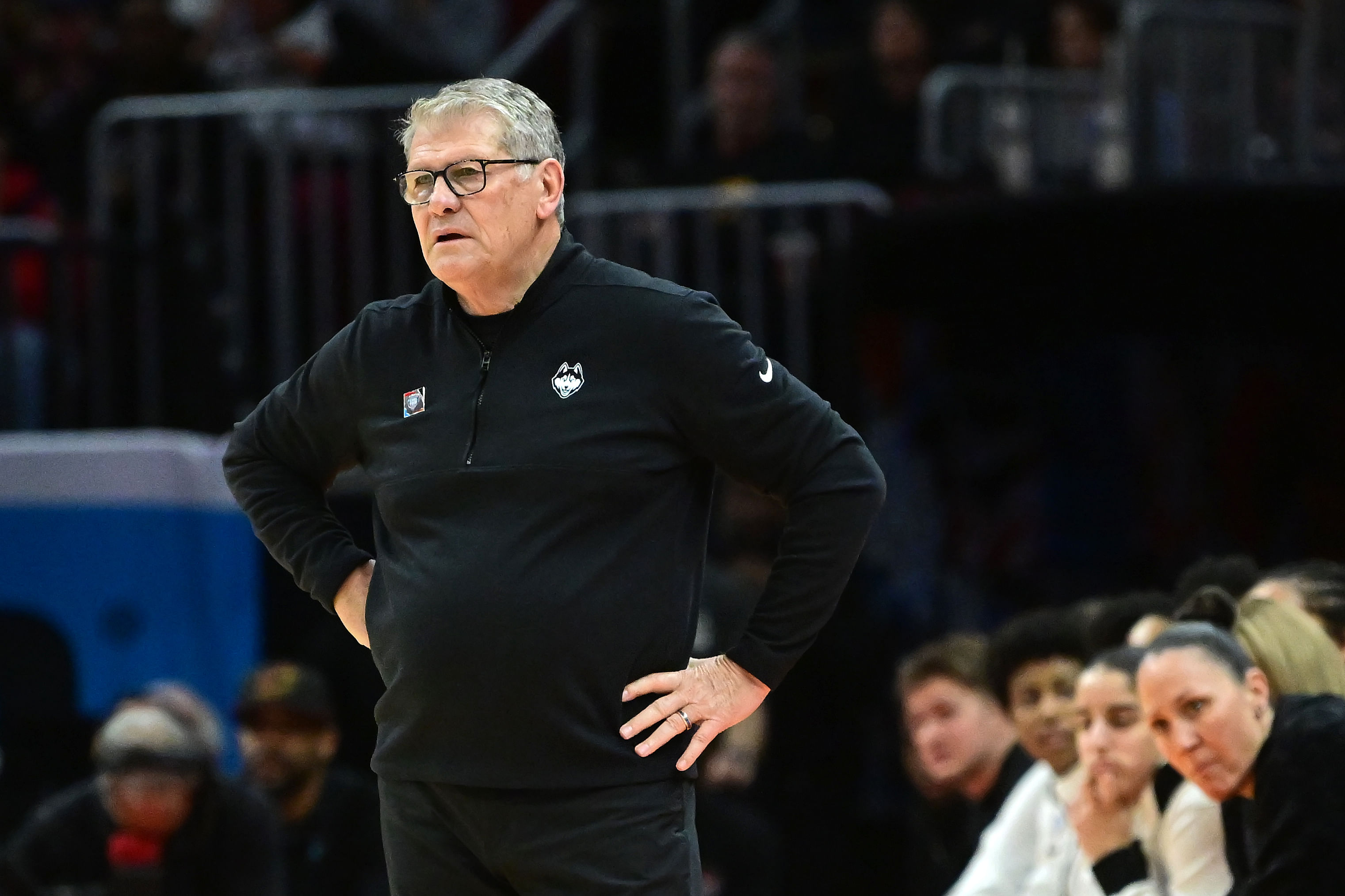 Connecticut Huskies head coach Geno Auriemma reacts against the Iowa Hawkeyes in the 2024 NCAA Women&#039;s Final Four semifinals at Rocket Mortgage FieldHouse. Photo: Imagn