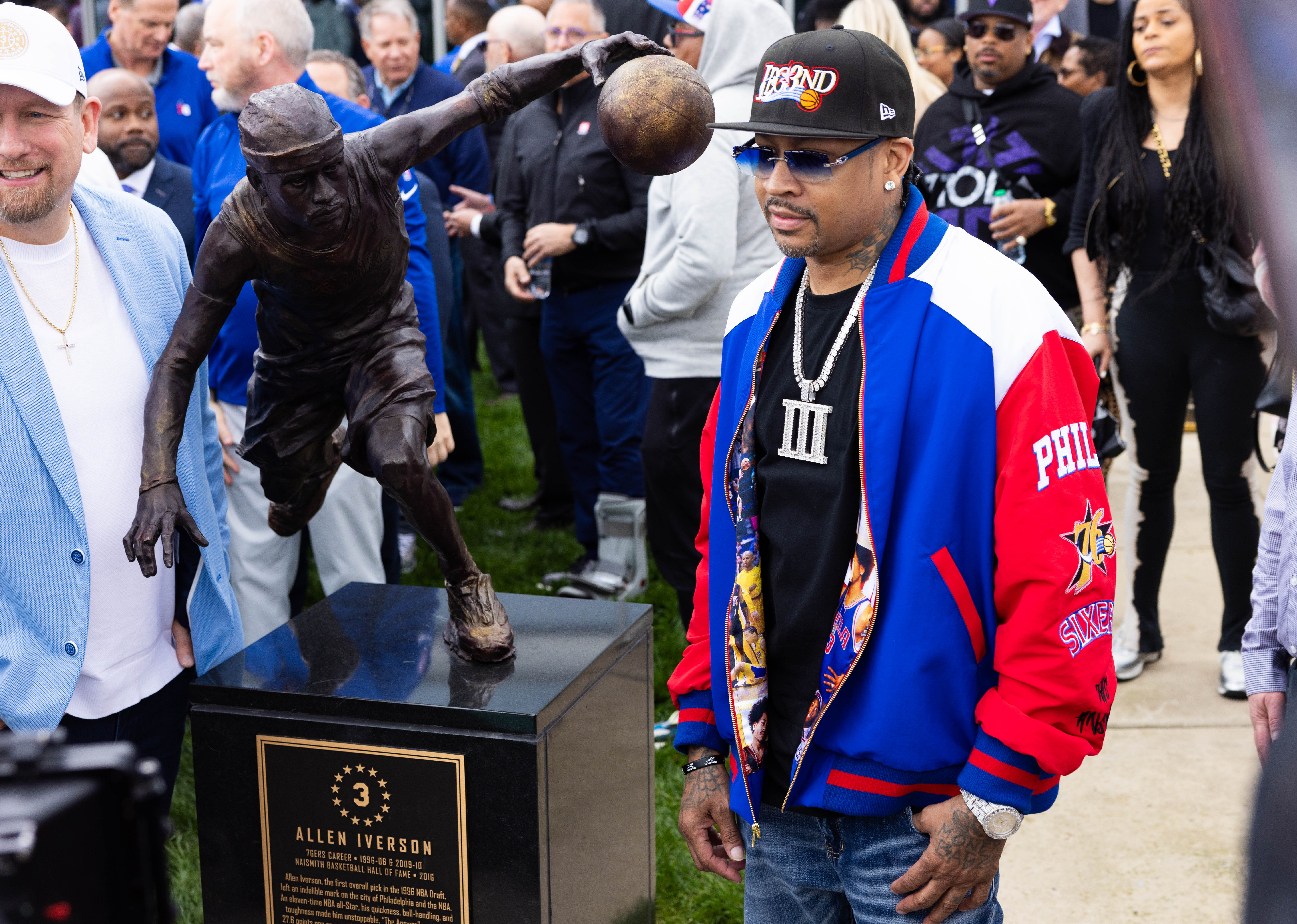 Philadelphia 76ers great Allen Iverson during the unveiling of the statue honoring him in a ceremony at the Philadelphia 76ers Training Complex. Photo Credit: Imagn